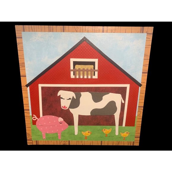 Folk Art Farm Scene Tape Art Cow Pig Chicken Red Barn Hand made, Signed 12" SQ - Picture 1 of 7